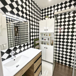 stylish black and white tiled bathroom of a villa/ Quinta in Funchal